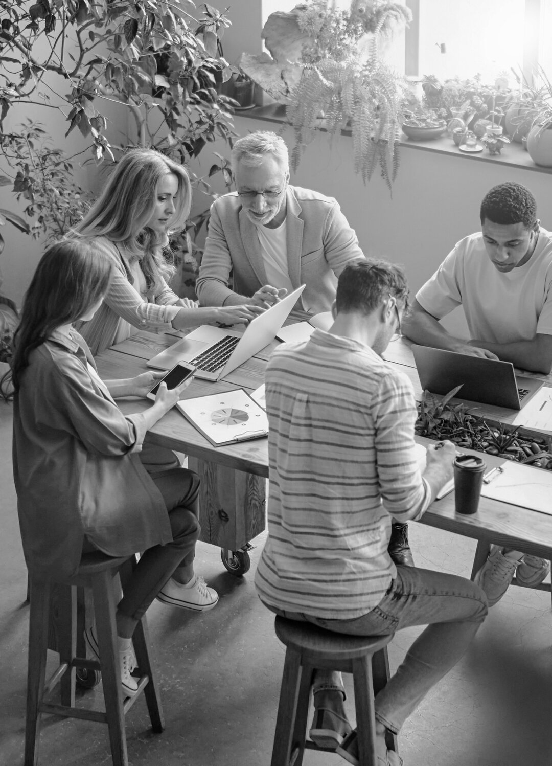 Equipo de trabajo colaborando en una mesa rodeada de plantas