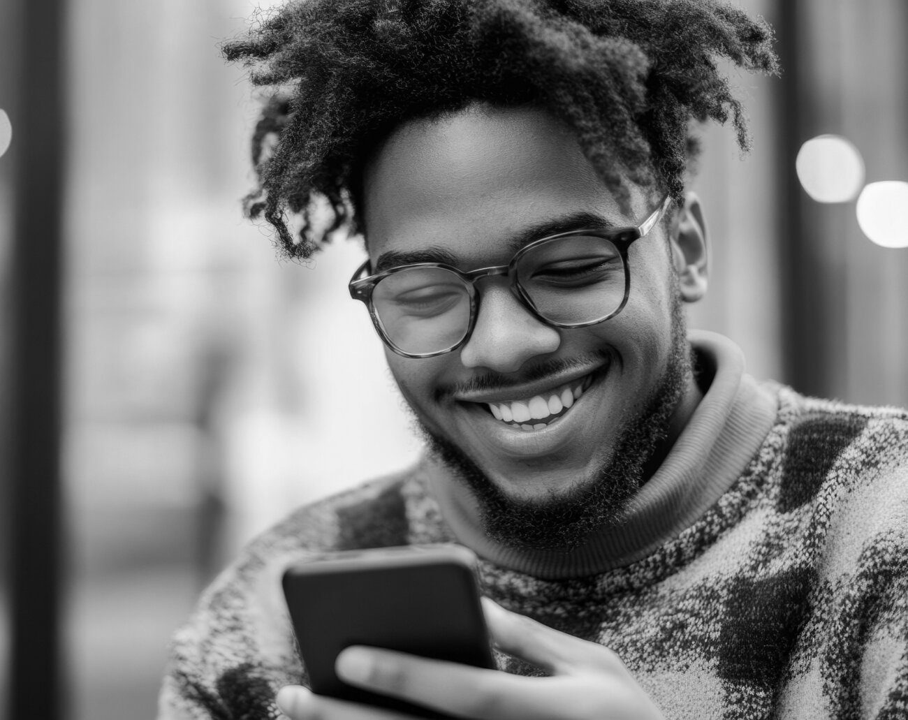 Persona sonriente usando su móvil
